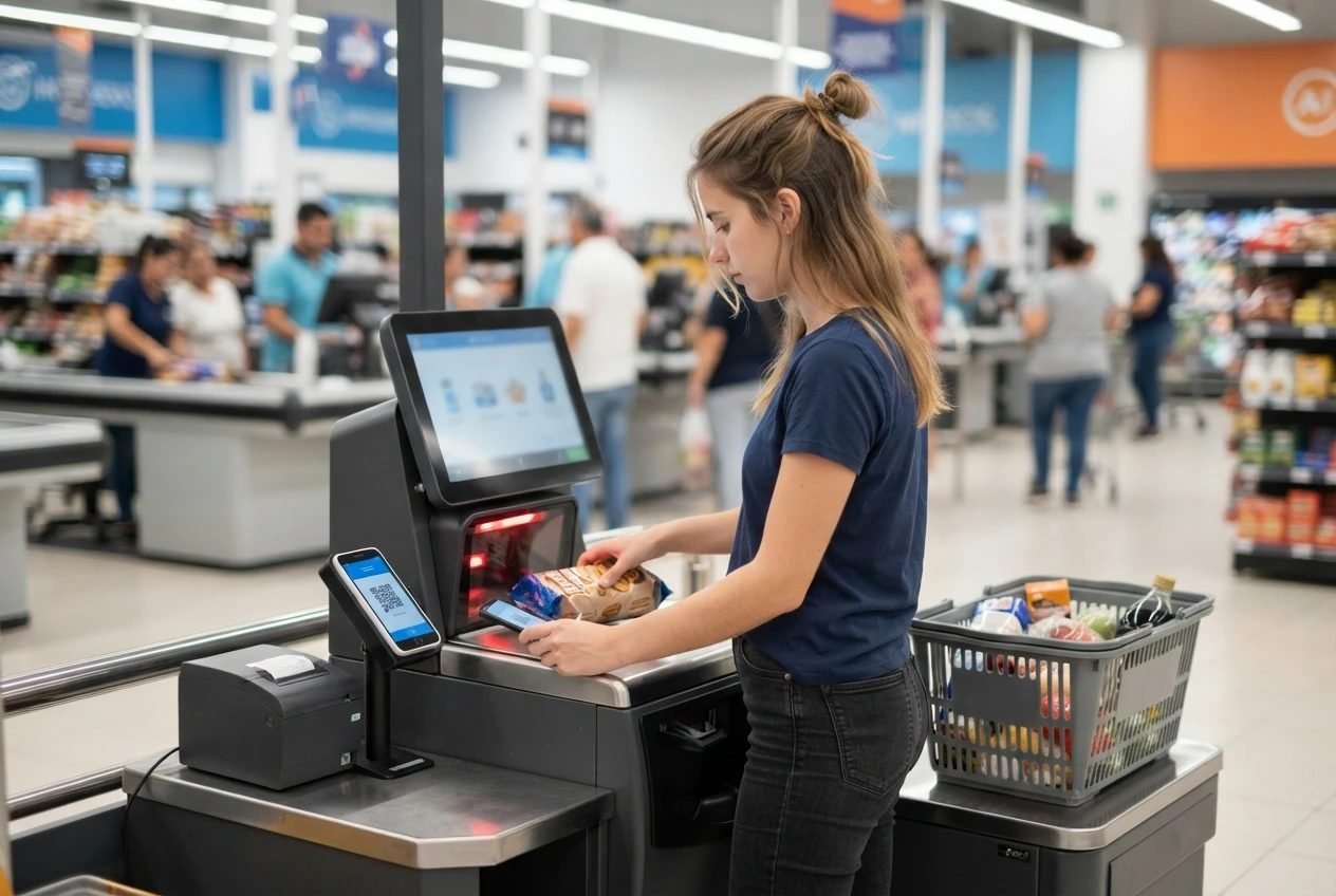 Clienta usando una terminal de autoservicio y pagando con QR