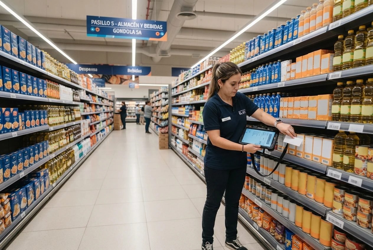 Repositora controlando stock y precios de góndola con una tablet